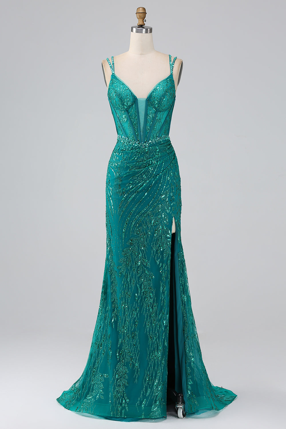 Luolandi Sparkly Dark Green Mermaid Spaghetti Straps Sequin Corset Long Prom Dress With Slit Sexy Evening Dresses